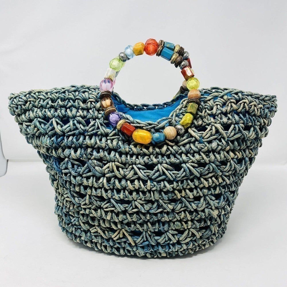 Women's Blue Dyed Beaded Handle Straw Basket Handbag